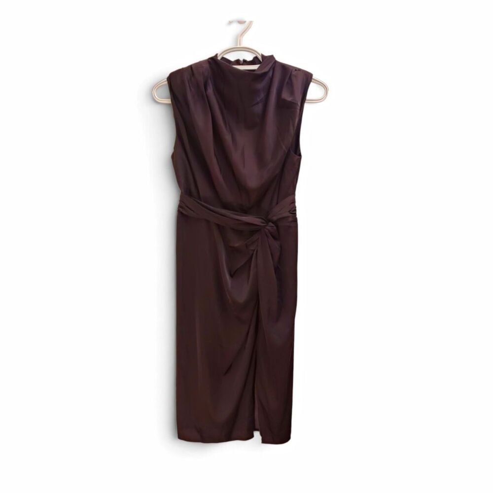 Petal + Pup Brown Satin Mock Neck Sleeveless Tie Waist Sheath Midi Dress M